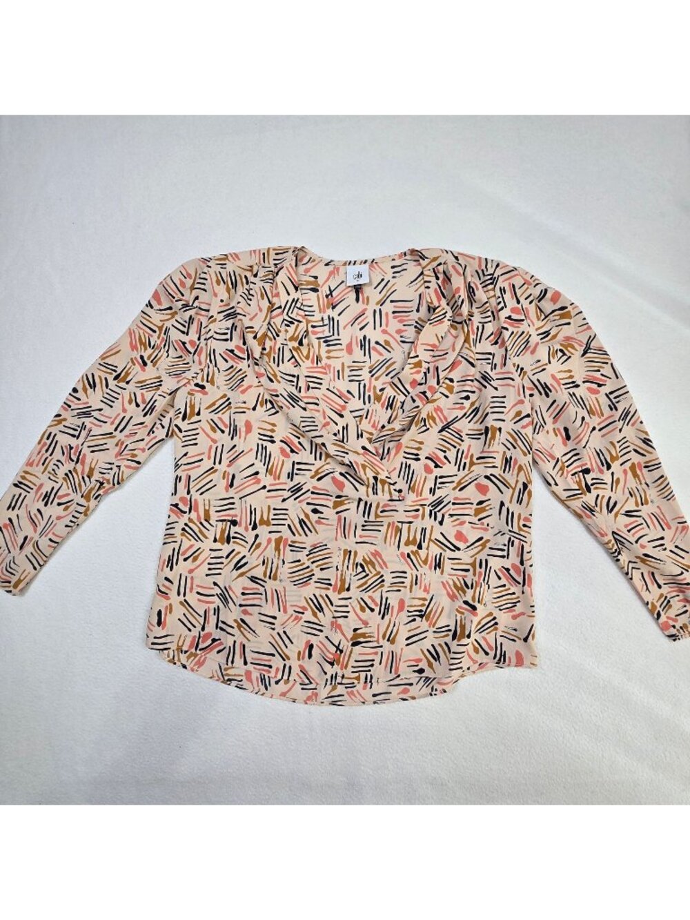 Cabi Medium Long Sleeve Blouse Beige Abstract Print Polyester Top